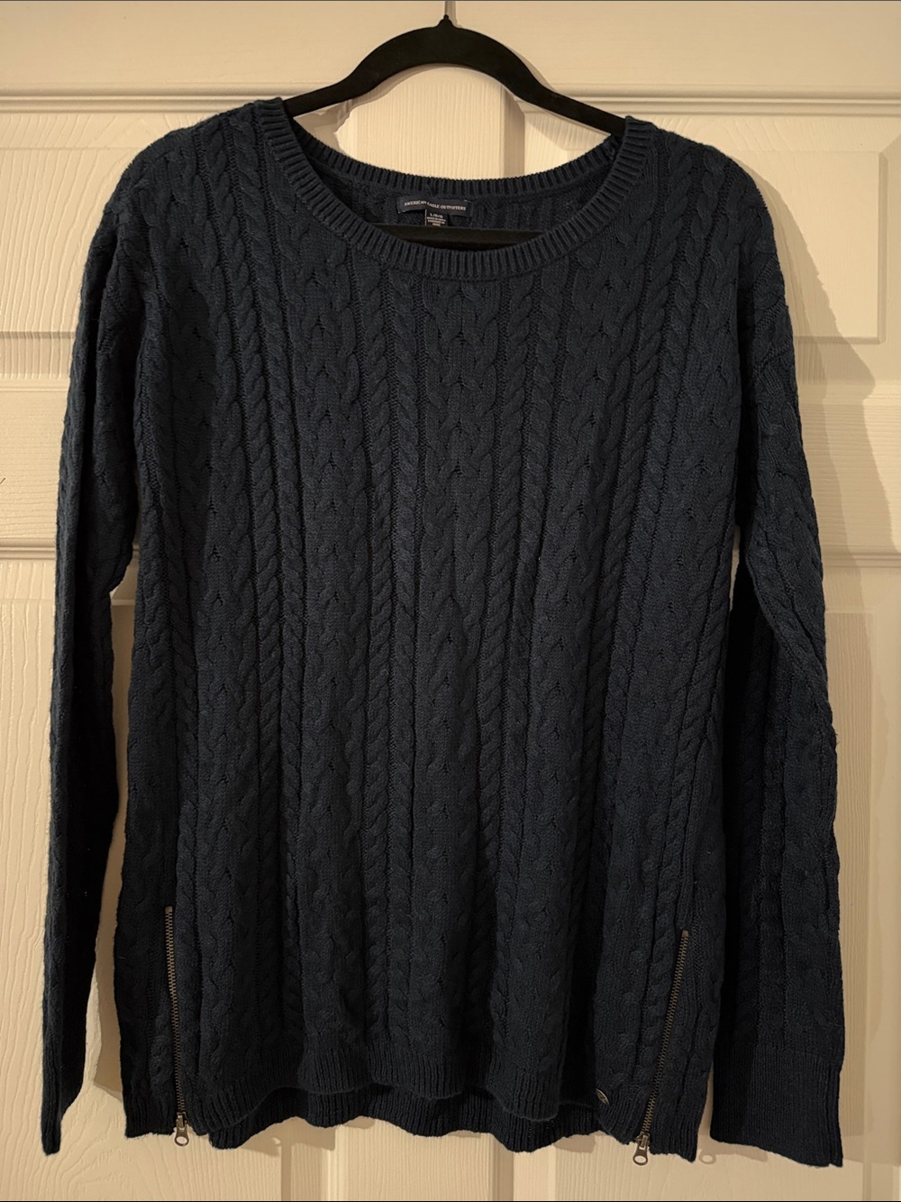 American Eagle Outfitters Navy Cable-Knit Crewneck Sweater with Zip Hem